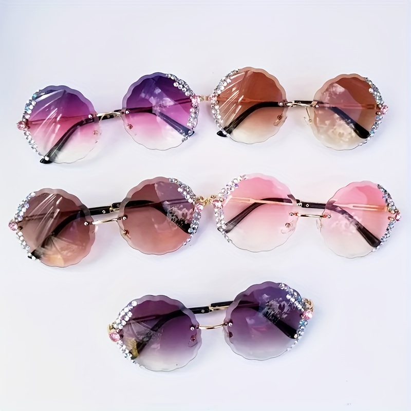 Rhinestone Decor Rimless Sunglasses Gradient Lens Flower Shaped Round Glasses