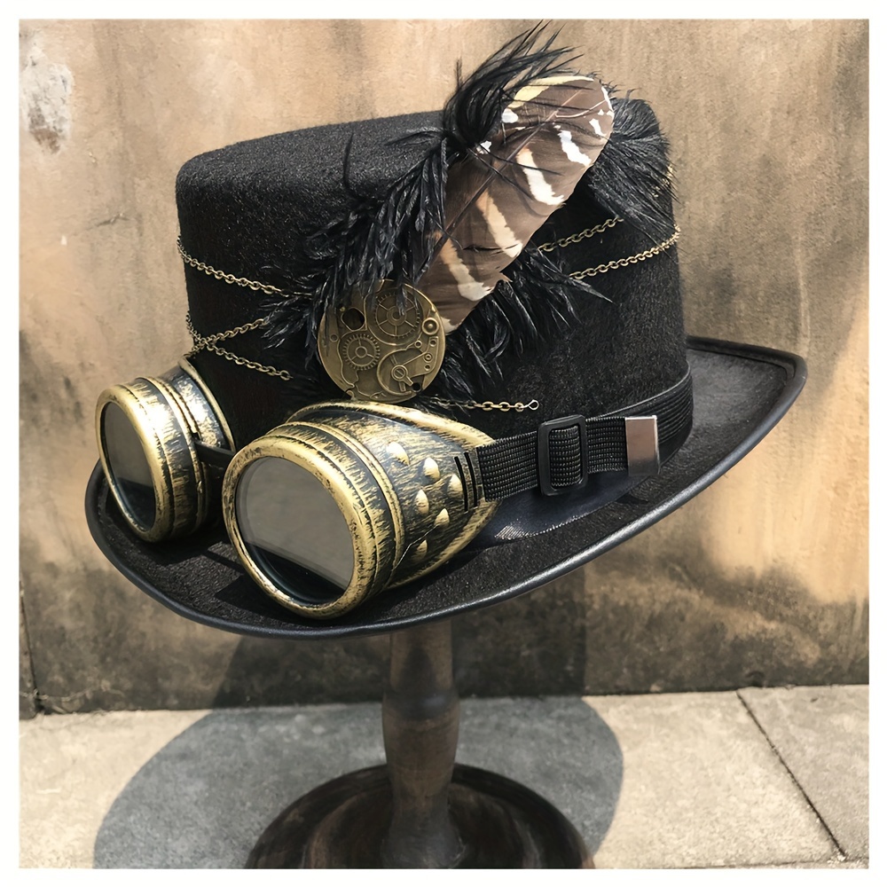 Steampunk Goggles Top Hat With Faux Feather Black Vintage Victorian Style  Halloween Jazz Hats Fedoras Costume Party Accessories For Women Men