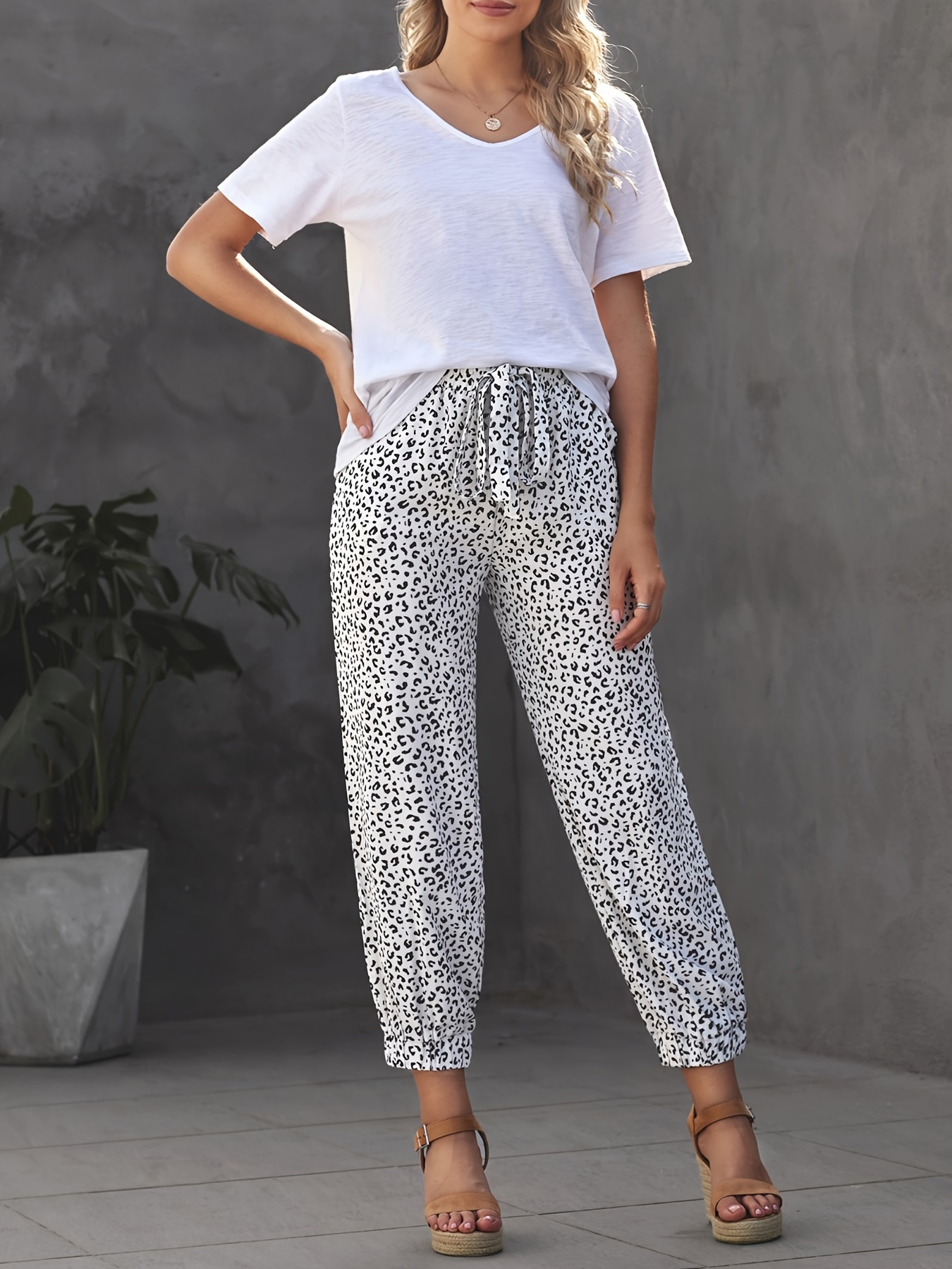 Leopard Print Drawstring Pants, High Waist Stretchy Pants, Casual Every ...