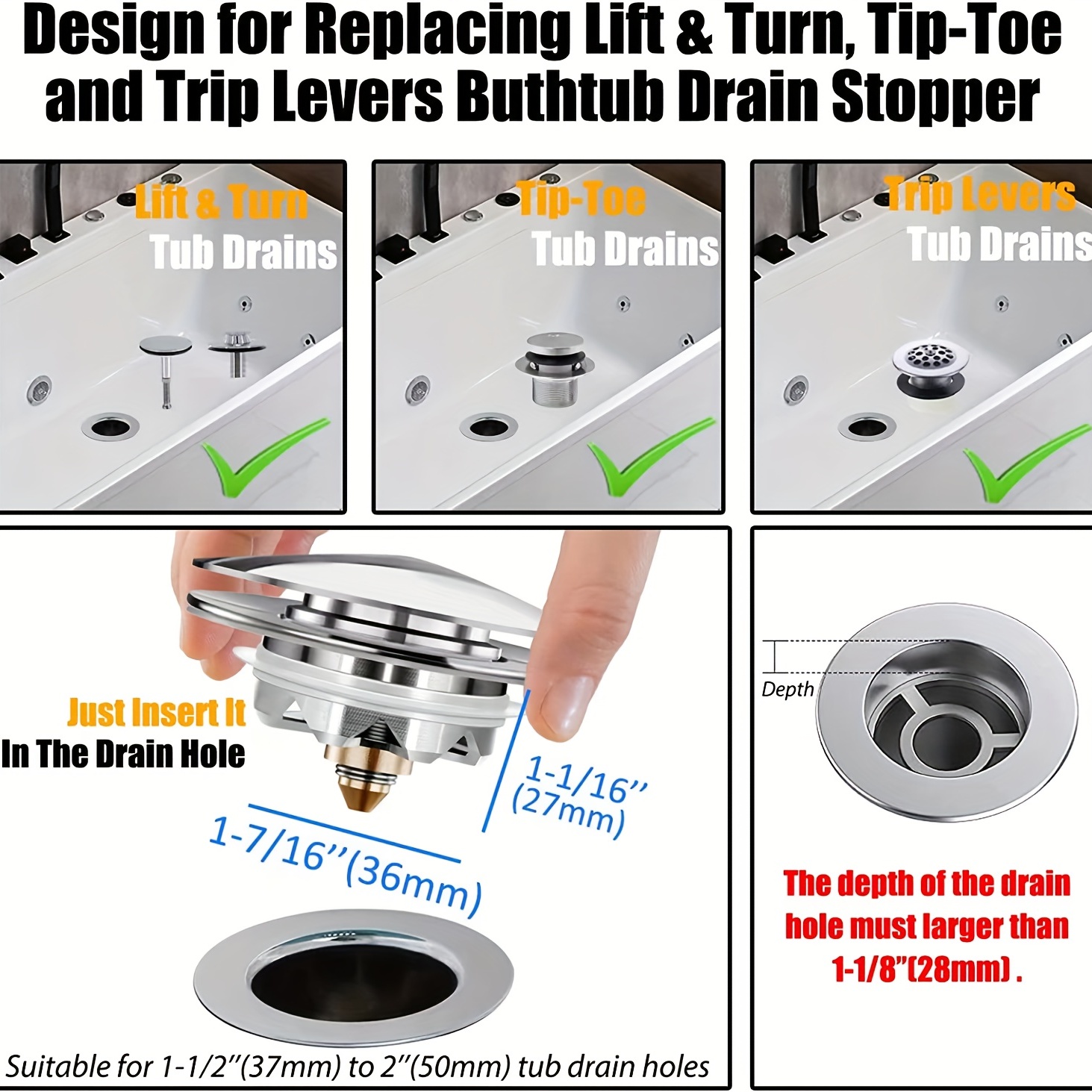 Universal Tub Stopper Bathtub Drain Plug Pop Up Tub Drain - Temu