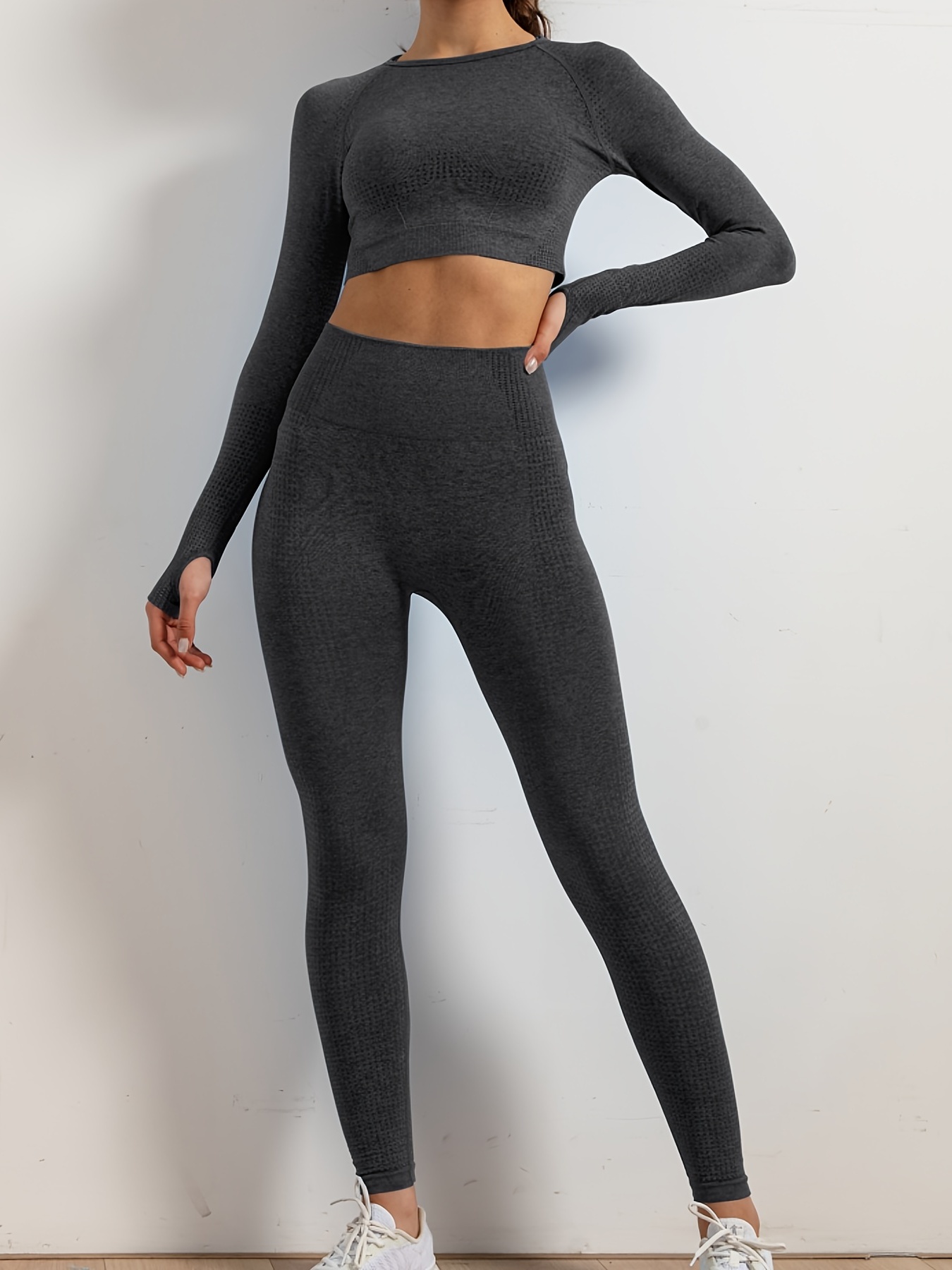 2Pcs Slim Fit Workout Set, Long Sleeves Quick Drying Crop Top & High Waist  With Pocket Yoga Leggings Sports Suit, Women's Activewear