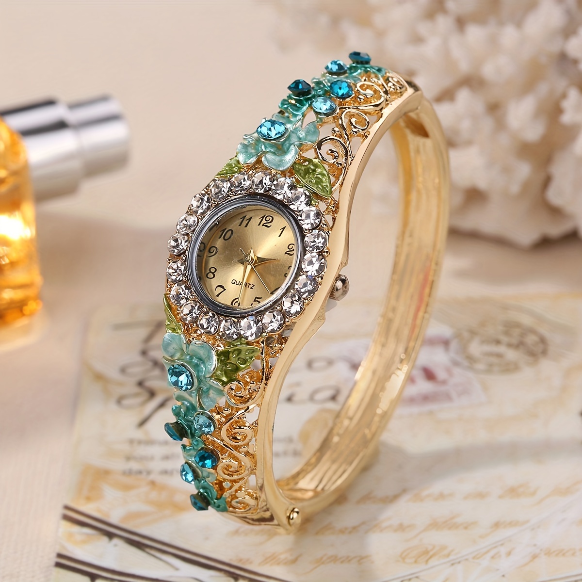 2pcs set womens watch vintage flower quartz bangle watch baroque rhinestone analog wrist watch necklace gift for mom her details 7