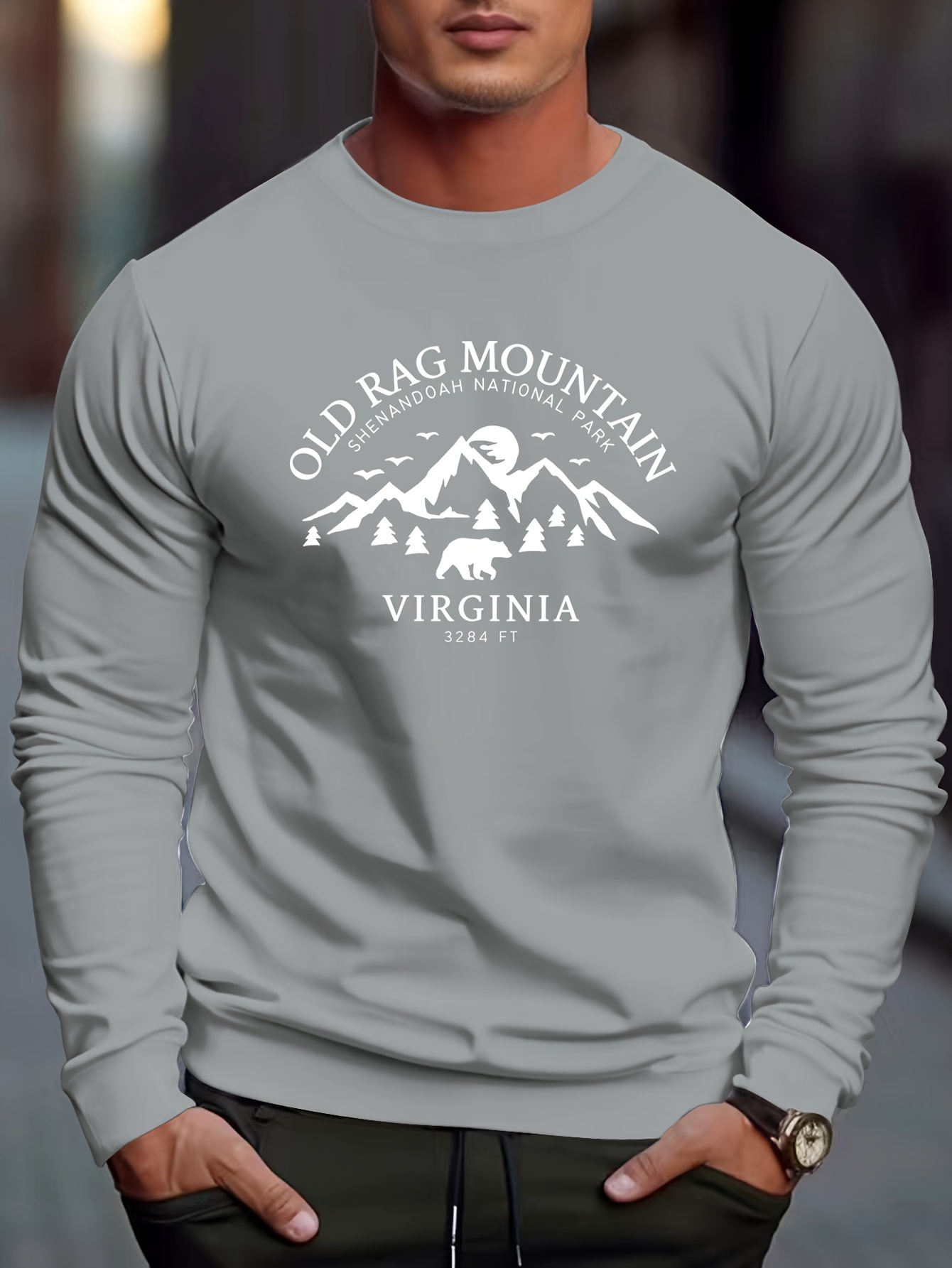 Mountain Print Trendy Sweatshirt, Men's Casual Graphic Design