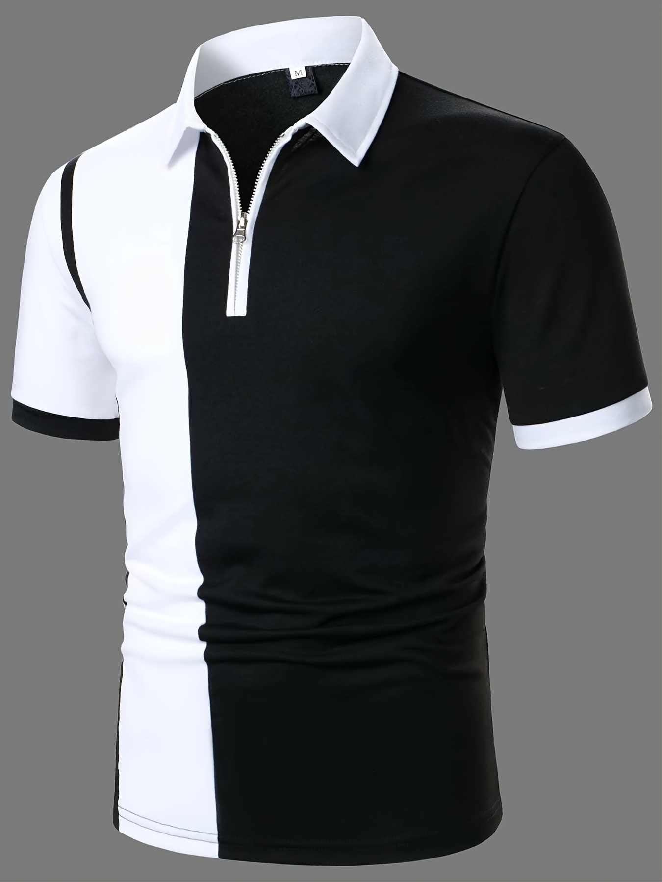 Color Block Casual Slightly Stretch Zip Short Sleeve Shirt - Temu