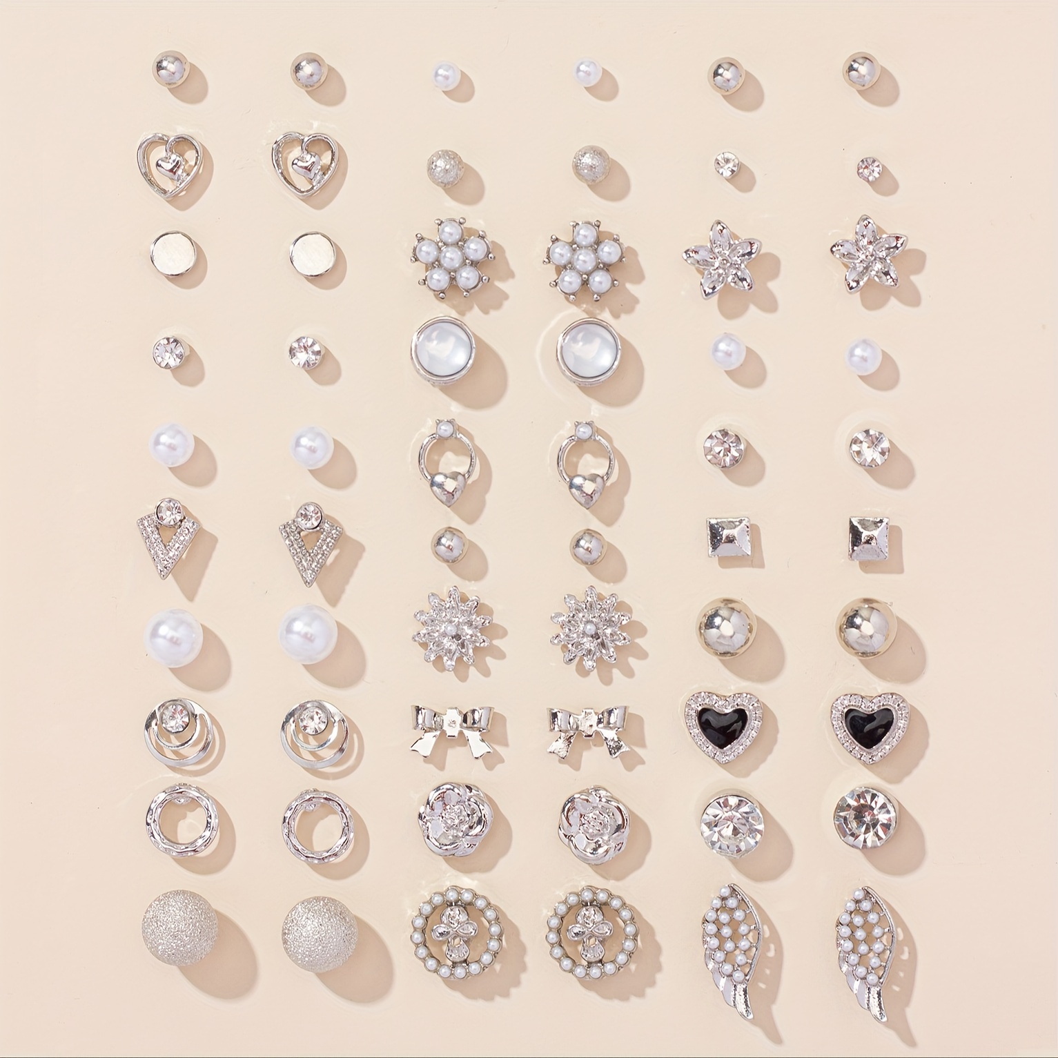 

30 Pairs Set Of Mini Wings Heart Round Shaped Stud Earrings Zinc Alloy Jewelry Rhinestones Inlaid Trendy Female Gift For Women Daily Wear