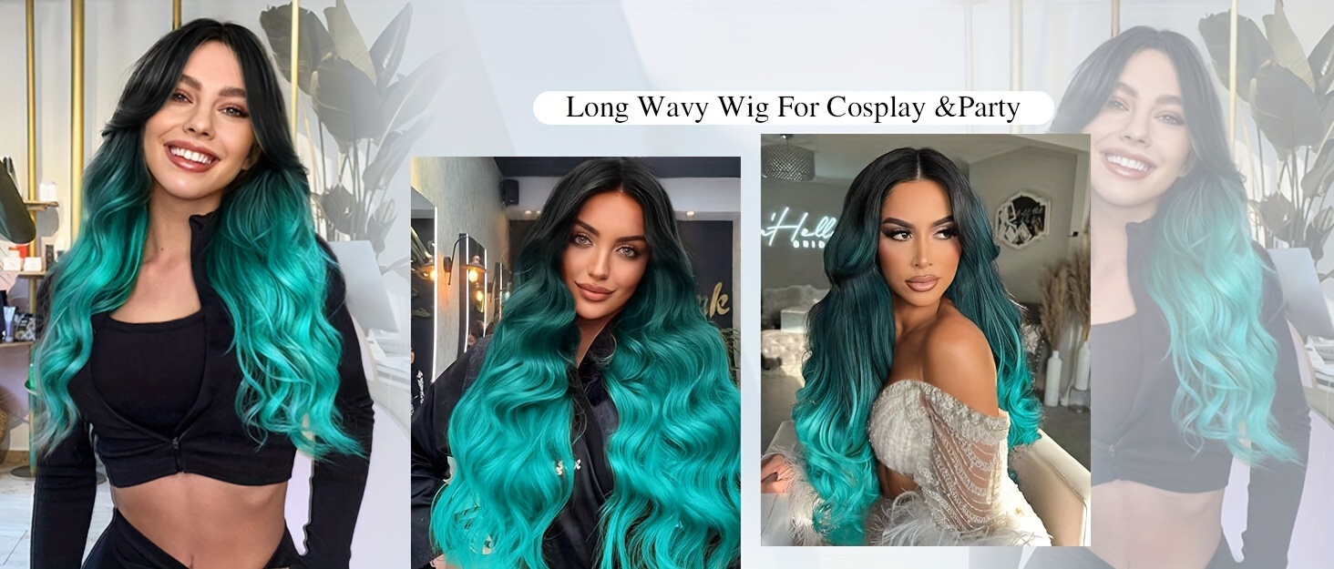 long wavy ombre wig in green featuring long curly - Temu display picture 1