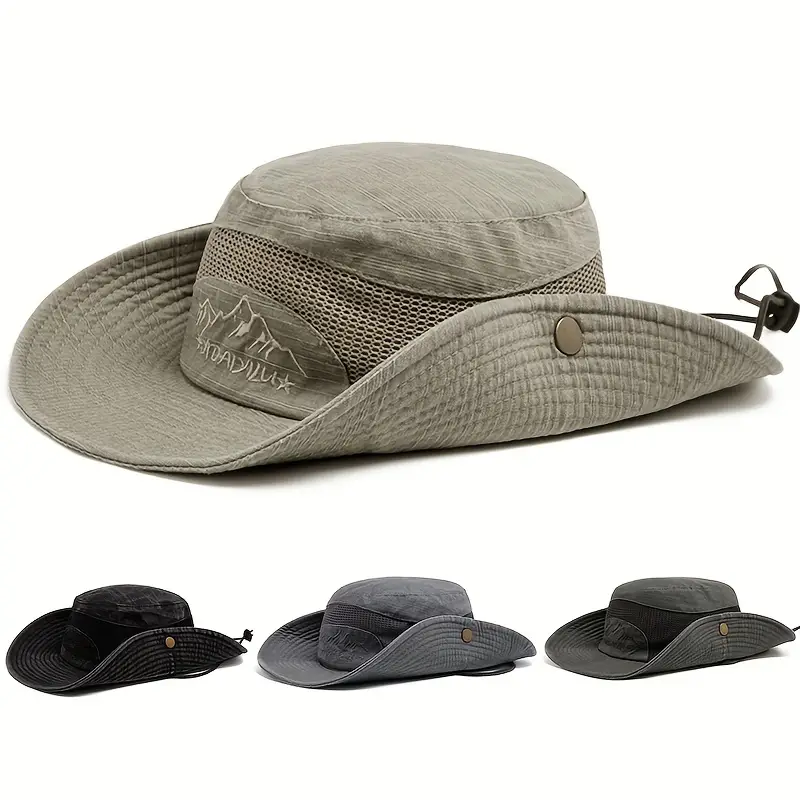Black Sporty Travel Hat, Men's Summer UV Protection Cotton Mesh Panama Jungle Fisherman Hiking Beach Windproof Rope Bucket Hat for Outdoor,Casual
