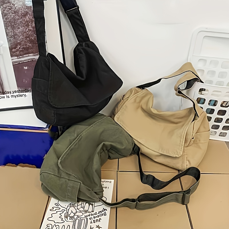 

Simple Canvas Messenger Bag, Large Capacity Crossbody Bag, Trendy Flap Shoulder Bag