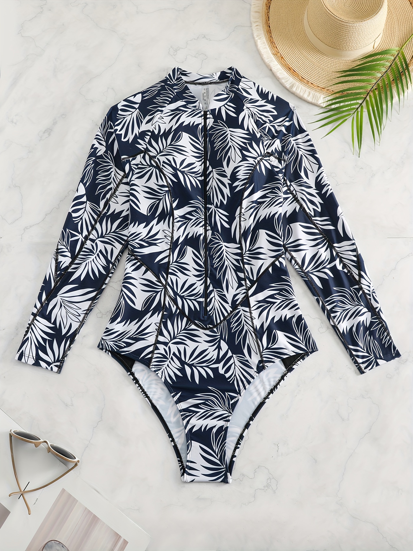 Colorblock Leaf Print Swimsuit Long Sleeve Zipper - Temu