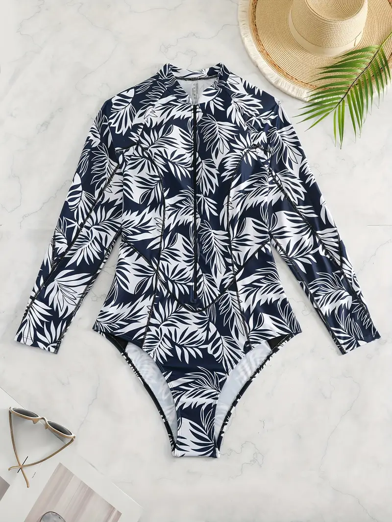 Plus Size Modest Swimsuit Women's Plus Leaf Print Long - Temu Canada