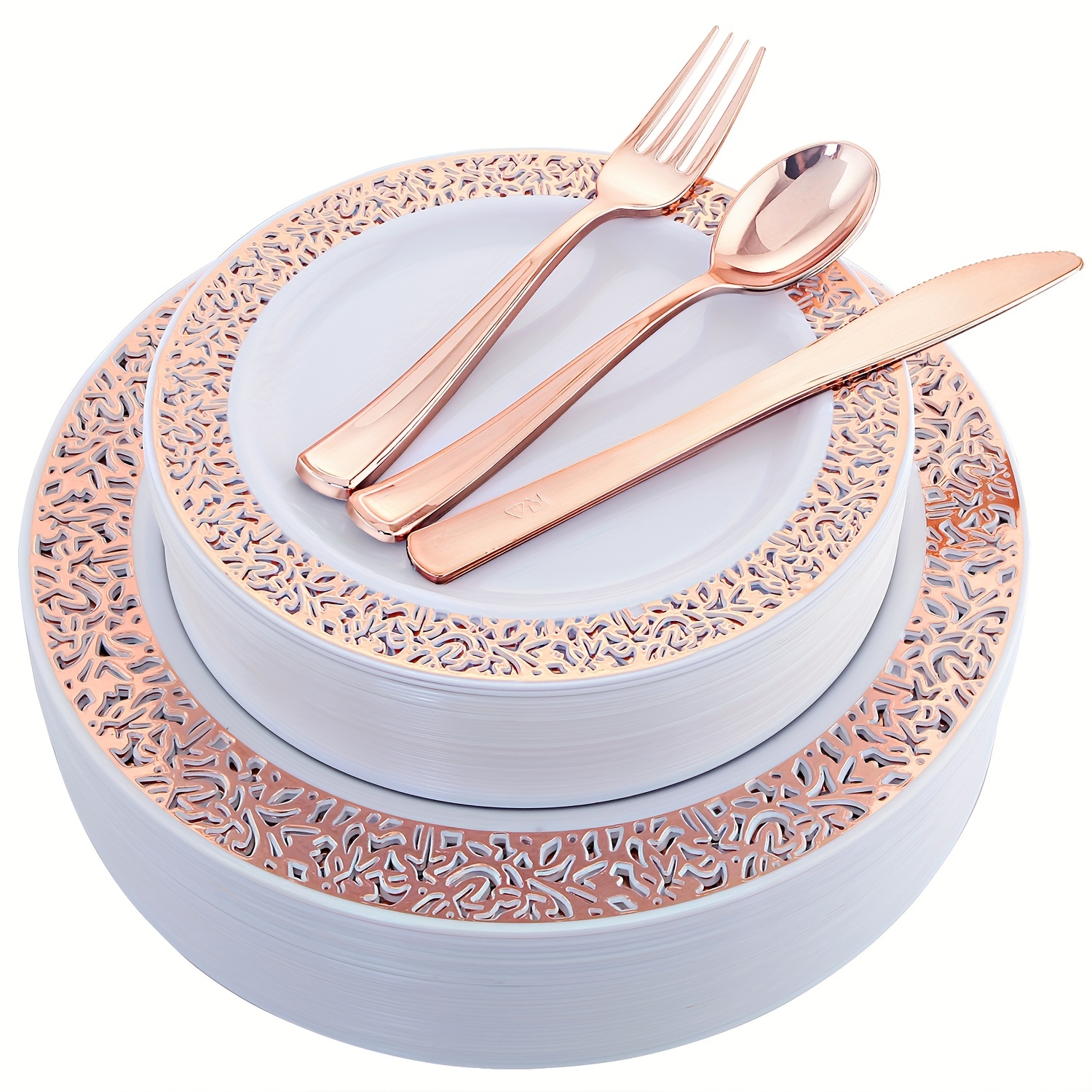 100PCS Rose Golden Plastic Plates with Disposable Silverware Set at Low Price