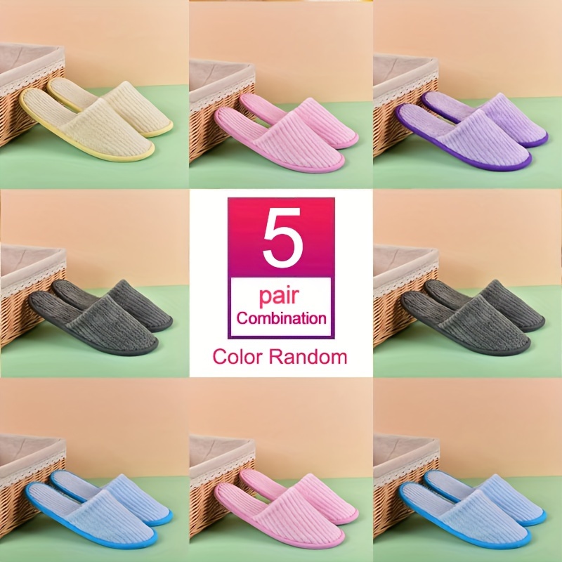 

5 Pairs Solid Color Slippers, Soft Sole Lightweight Fuzzy Home Slides, Non-slip Guest & Hotel Shoes