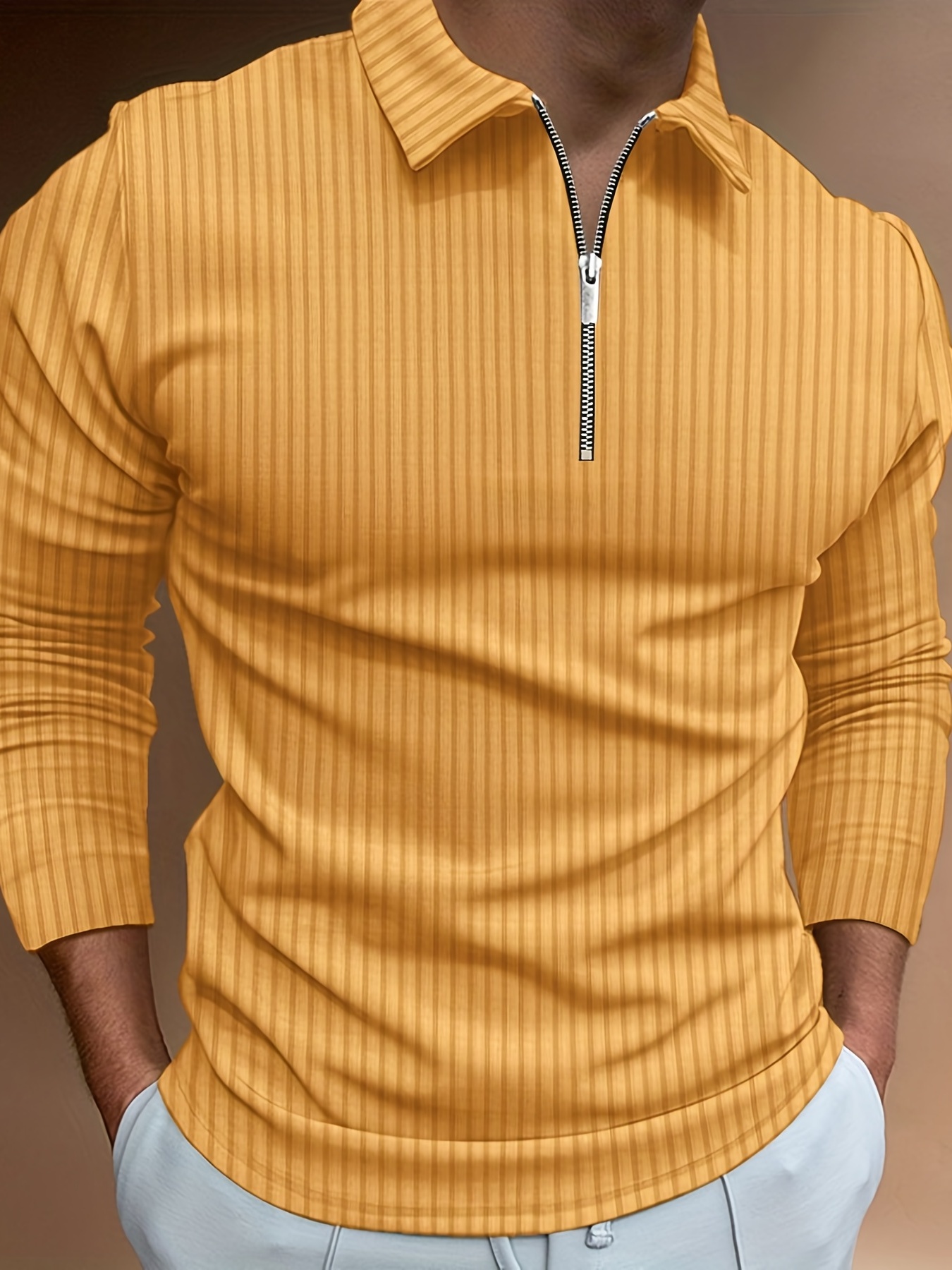 Mustard Dress Pants with White and Black Vertical Striped Shirt Outfits For  Men (3 ideas & outfits)