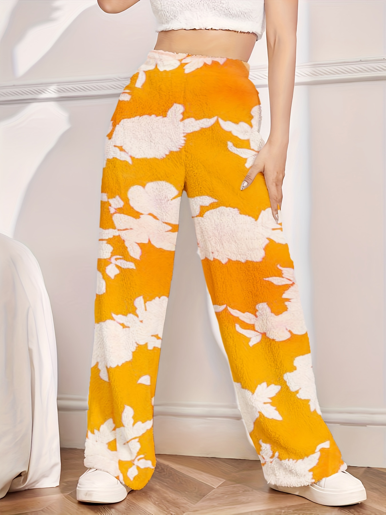 Pantalones Peluche Pierna Ancha Estampado Floral Pantalones Temu