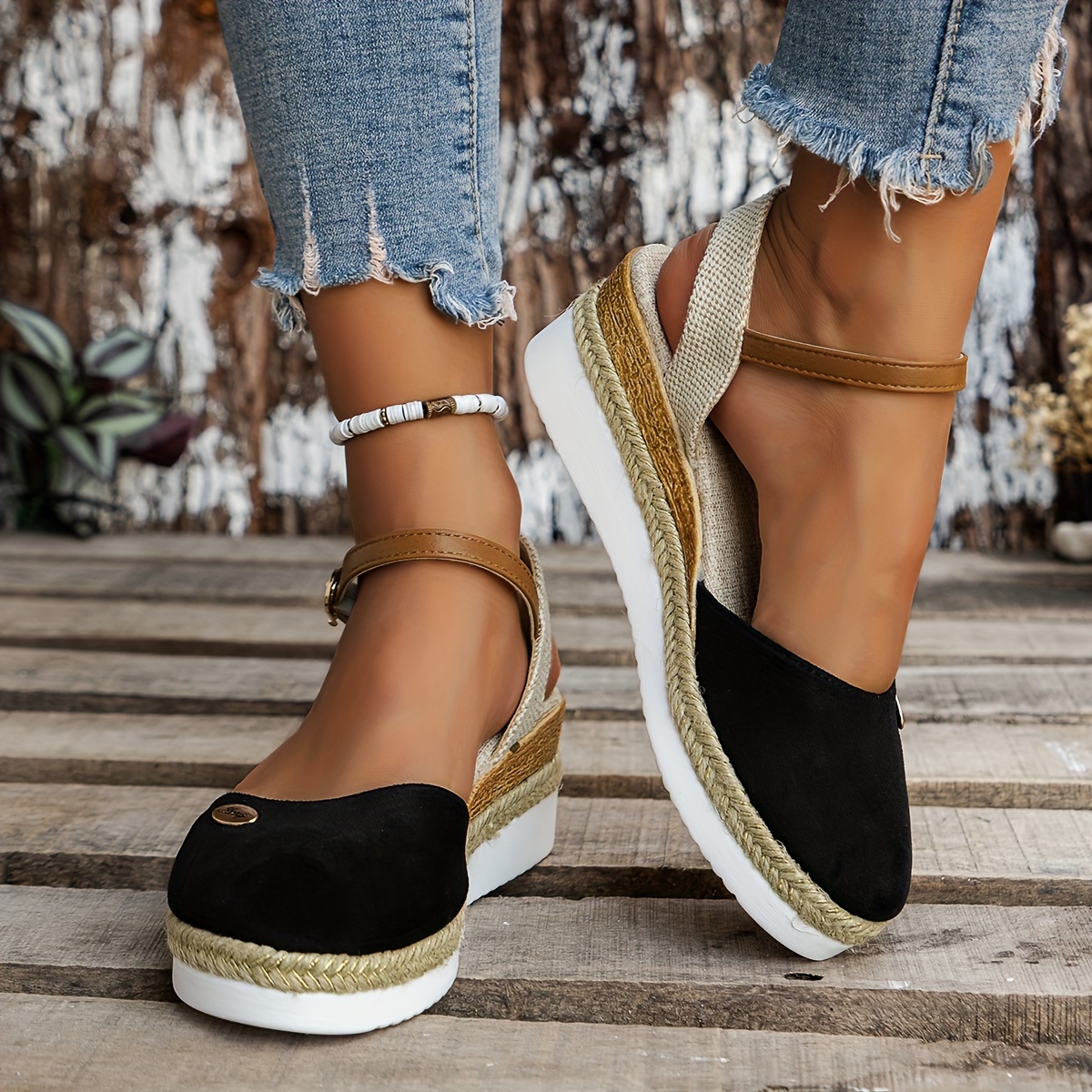 Women Two Tone Bow Decor Espadrille Wedge Shoes, Vacation Faux Suede Ankle  Strap Court Wedges For Outdoor