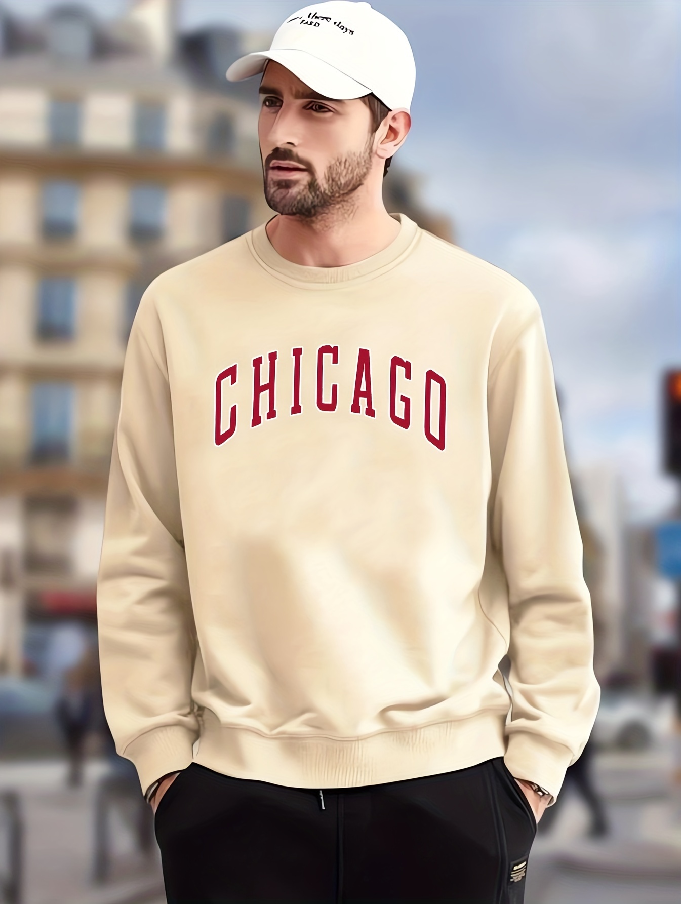 chicago Print Men's Crew Neck Long Sleeve Sweatshirt, Casual Wear