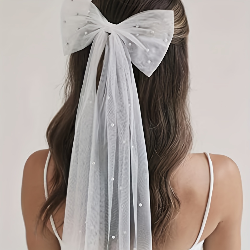 White Hair Bow Bachelorette Veil Pearl Bride Hair Clip Bachelorette  Decorations Bridesmaid Favors Bride to Be Bridal Shower Gift