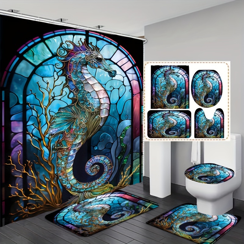 

1/3/4pcs Glass Window Seahorse Pattern Shower Curtain Set, Waterproof Bathroom Partition Curtain With Hooks, Non-slip Bath Rug, Toilet U-shape Mat, Toilet Lid Cover Mat, Bathroom Accessories