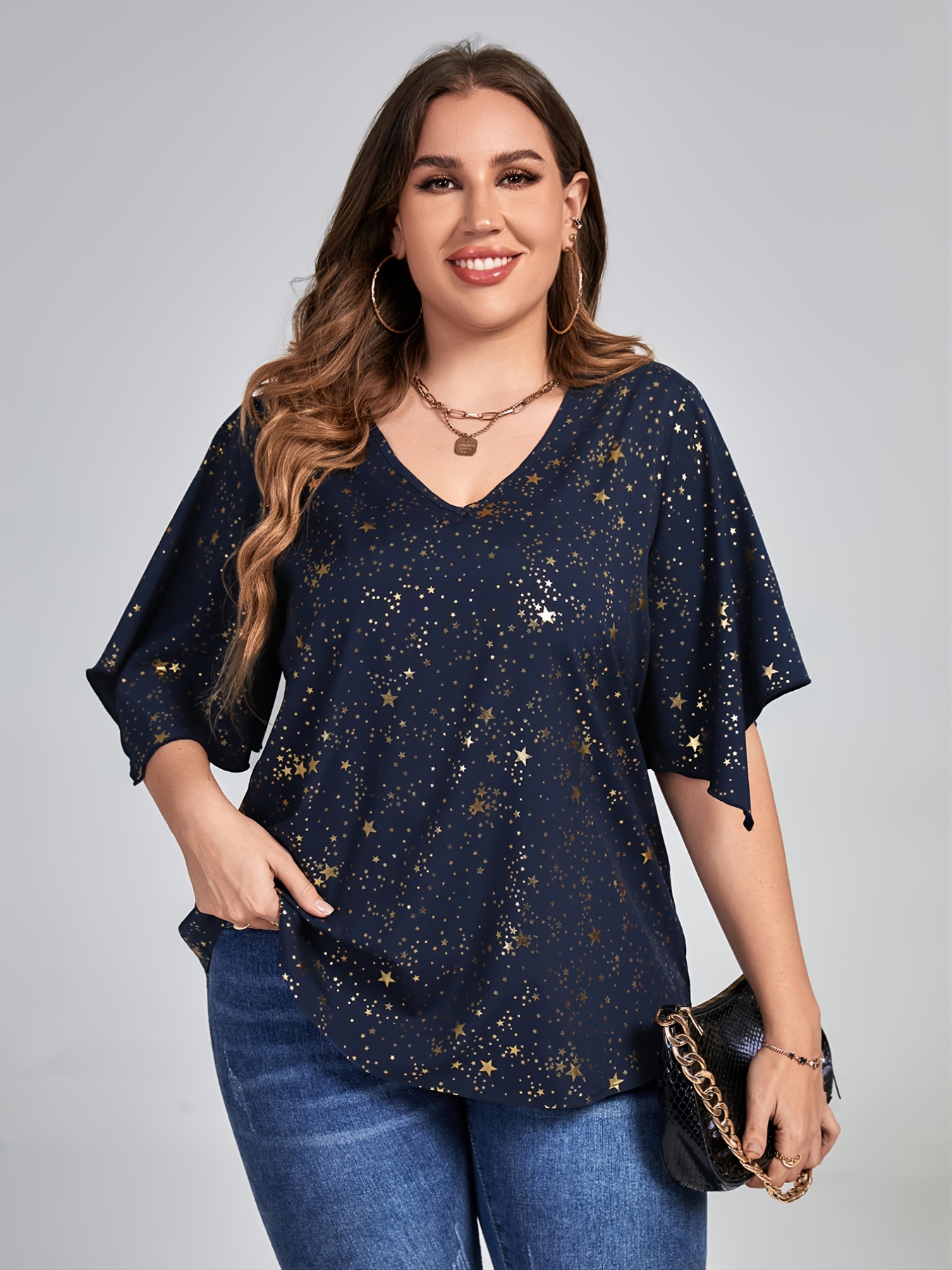 mærke navn spurv Indlejre Plus Size Galaxy Print Short Sleeve V Neck Tops Womens Plus Loose Fit  Elegant Tops | Free Shipping For New Users | Temu