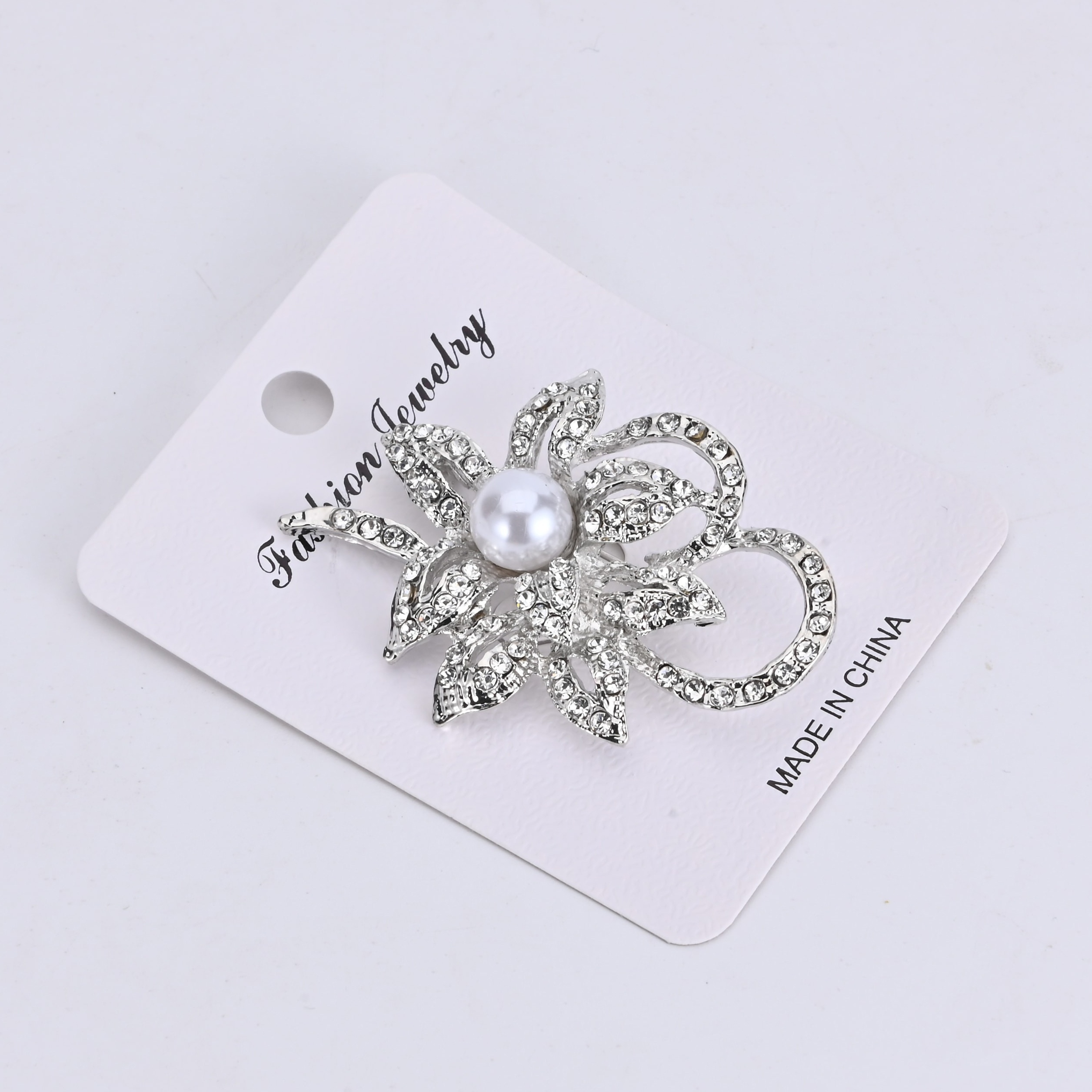 White Flower Brooch Pin with Silver Decorations