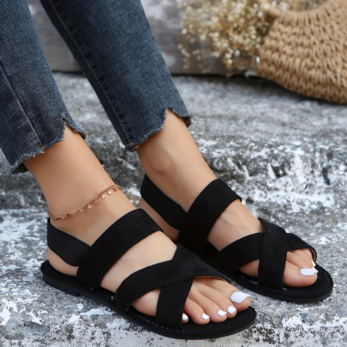 Women's Solid Color Flat Sandals Casual Elastic Band Summer - Temu Canada