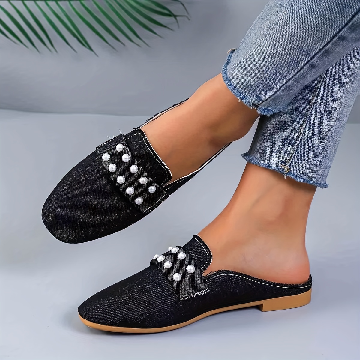  Mules for Women Flats Fashion Comfort Rhinestones Slip-on  Square Toe Loafers Slides Flat Shoes Black