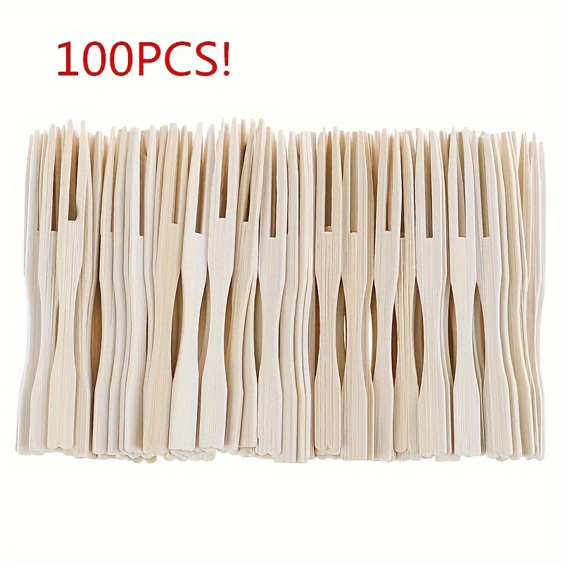 

100pcs Disposable Wooden Forks, Cake, Snacks, Fruit Bamboo Skewers, For Home Kitchen Restaurant Picnic Camping Party, Party Supplies, Flatware Accessories