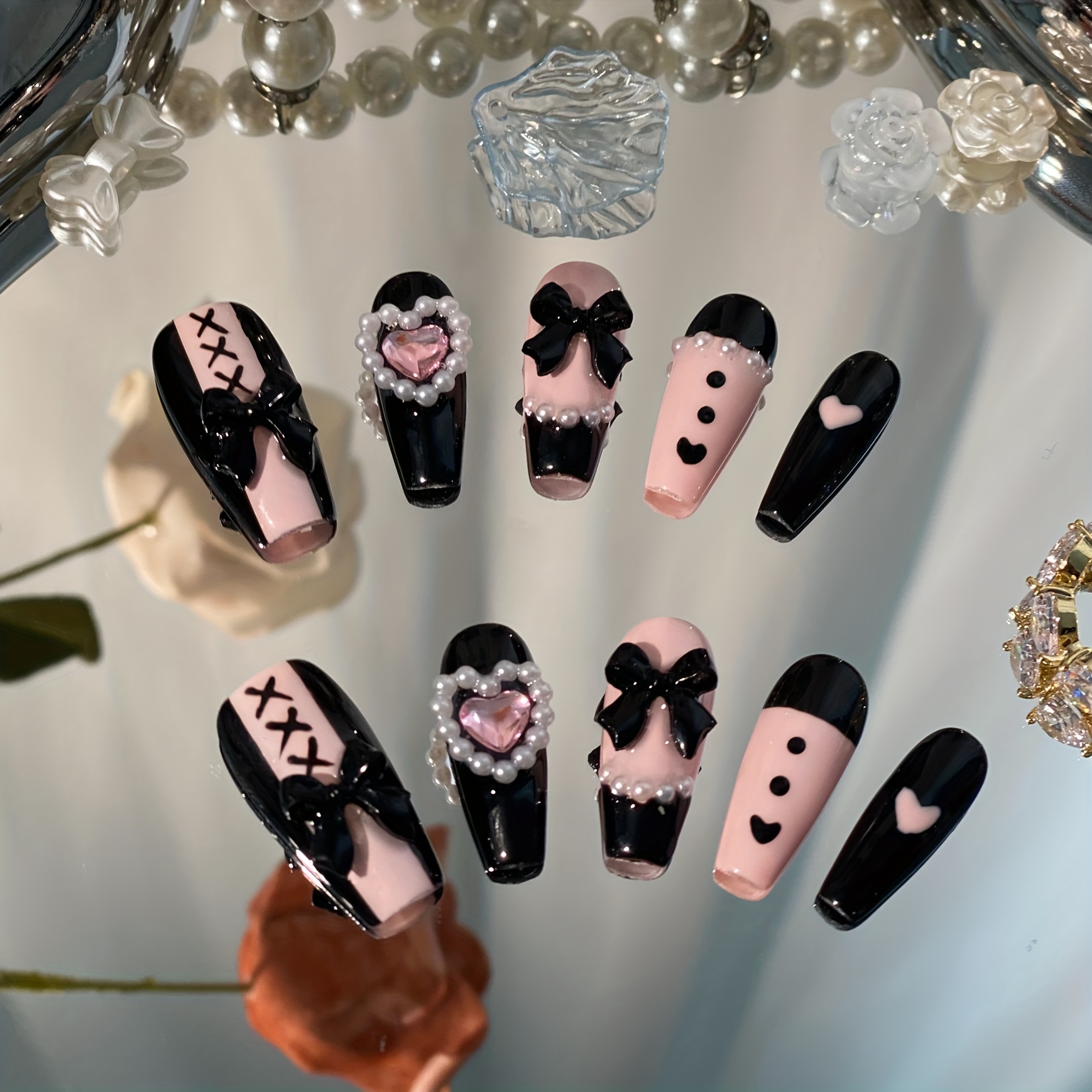 Long Coffin Pink & Black Goth Emo Press on Nails With Charms and Bows  Valentines Day 2024 Gift 