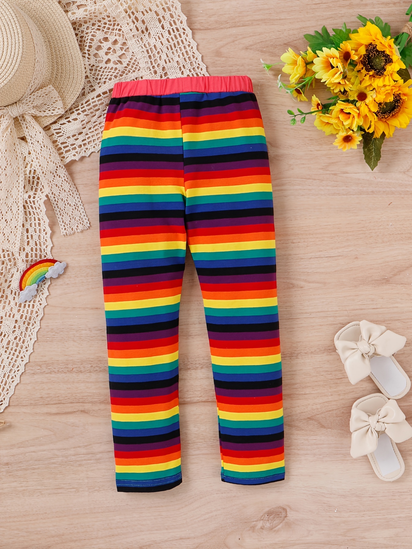 Girls Rainbow Strip Elastic Waist Leggings Pants Kids Clothes