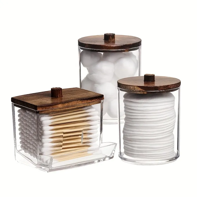 3pcs 10/7 OZ Swabs Dispenser - Swabs Holder Bathroom Container With Apothecary Jar Organizer - Brown Wood Lids For Easy Storage
