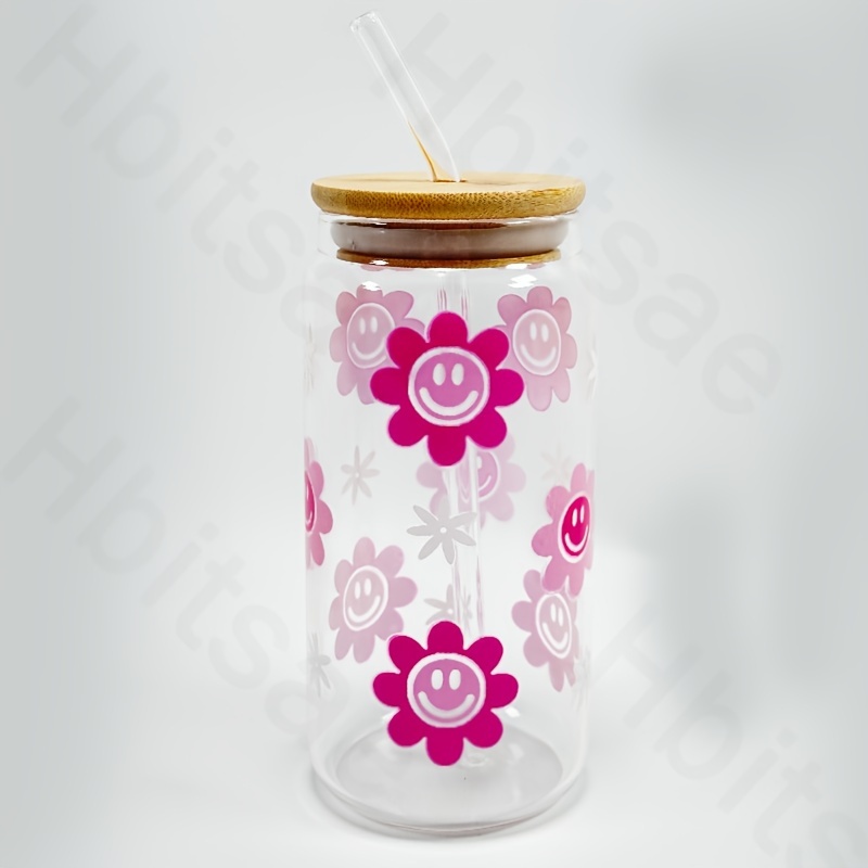 Flowers Smile Glass Can Glass Can Glass Cup Summer Vibes Summer Cup Hippie  Vibes Cute Handmade Ice Coffee Cup bamboo Lid 
