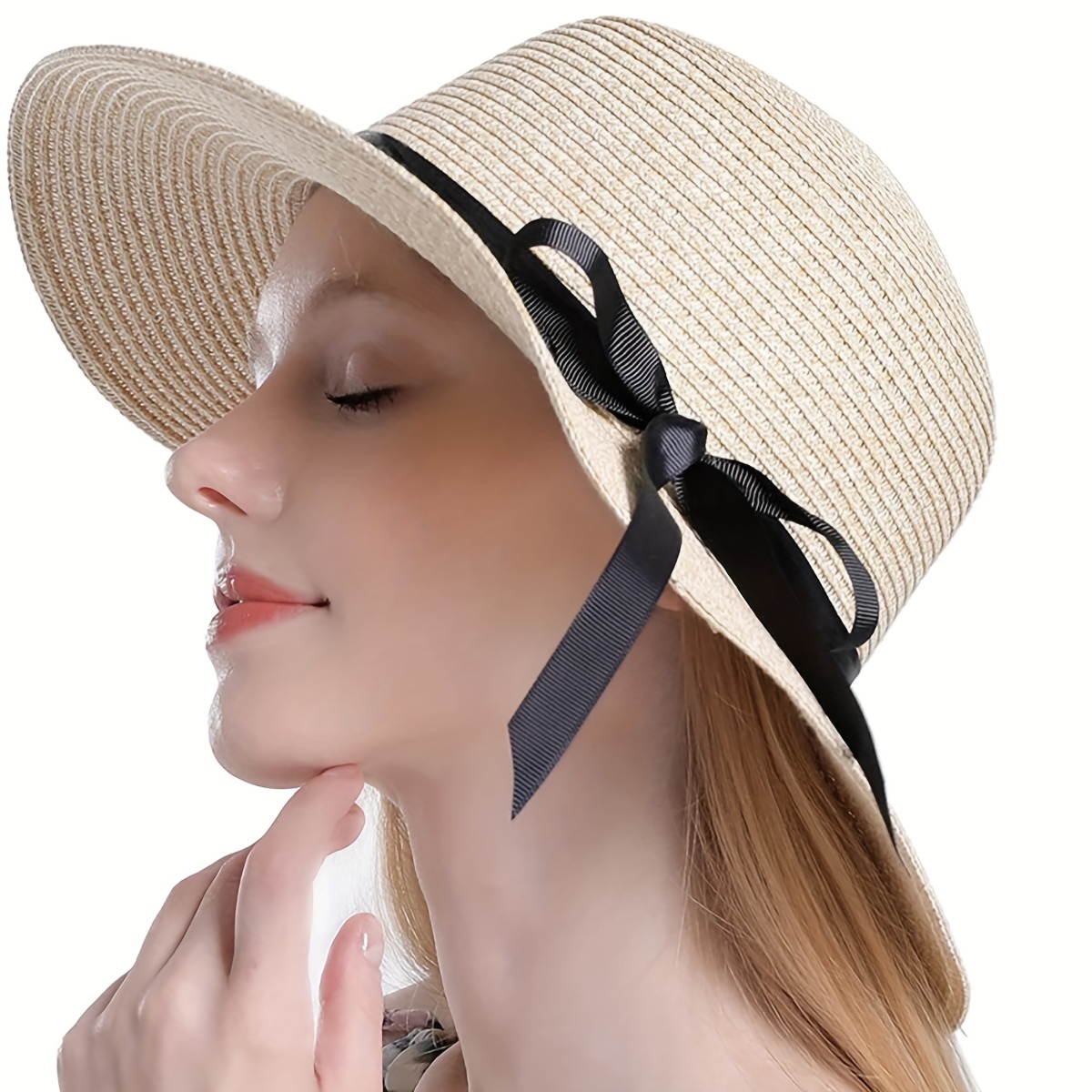 Straw Sun Hat Ribbon Bowknot Solid Sunscreen Beach Hats Floppy Foldable Cap