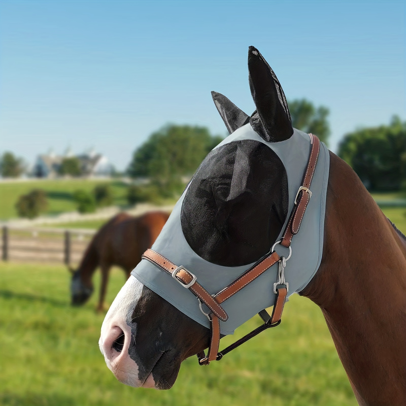 

Horse Fly Mask With Ears, Elastic Equine Masks, Anti-fly Mesh Face Eye Ray Protect Health