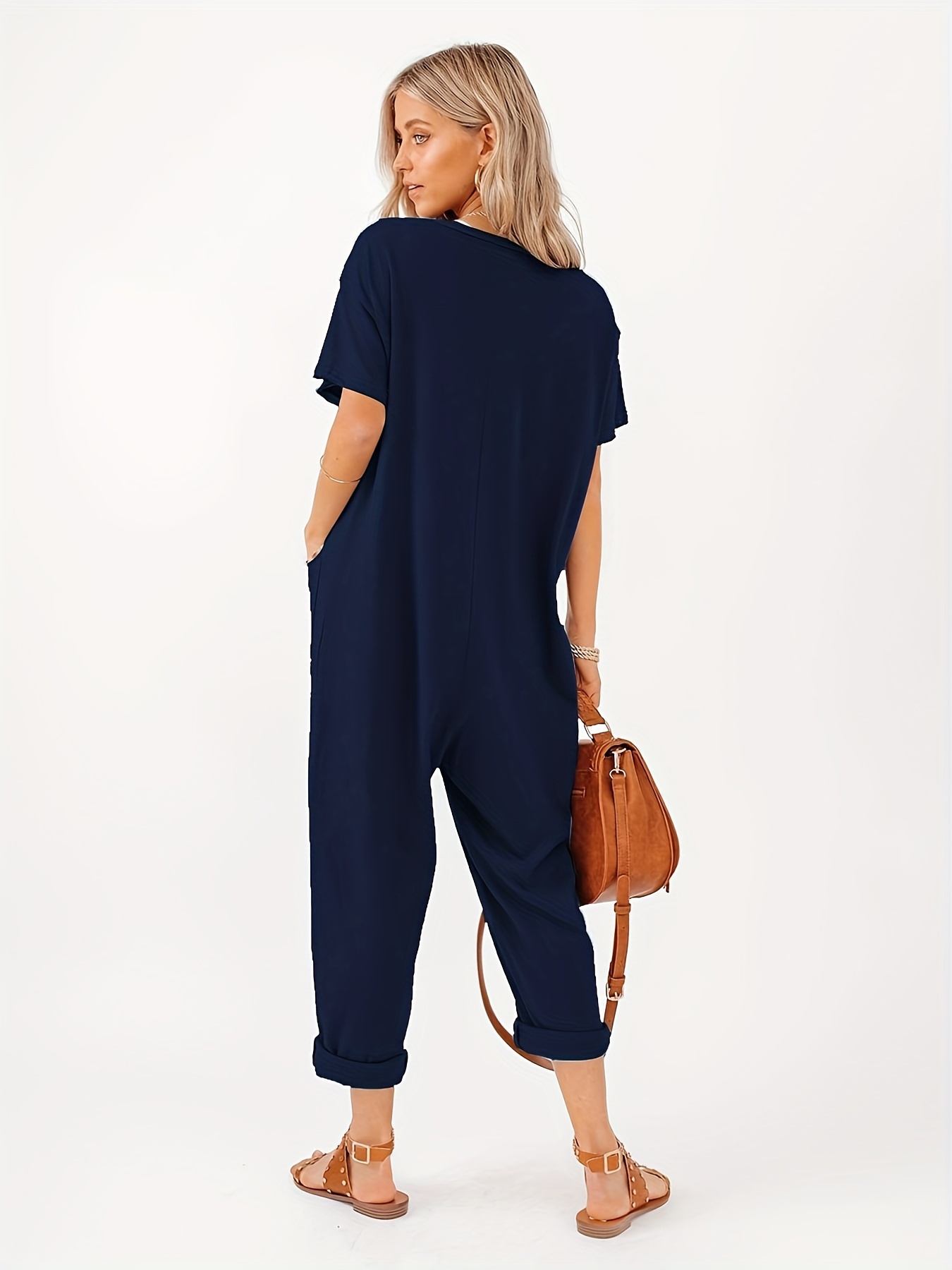 Women Summer Short Sleeve Jumpsuit Wrap V Neck Chiffon Rompers Solid Color  Casual Loose Cap Sleeve Playsuit 
