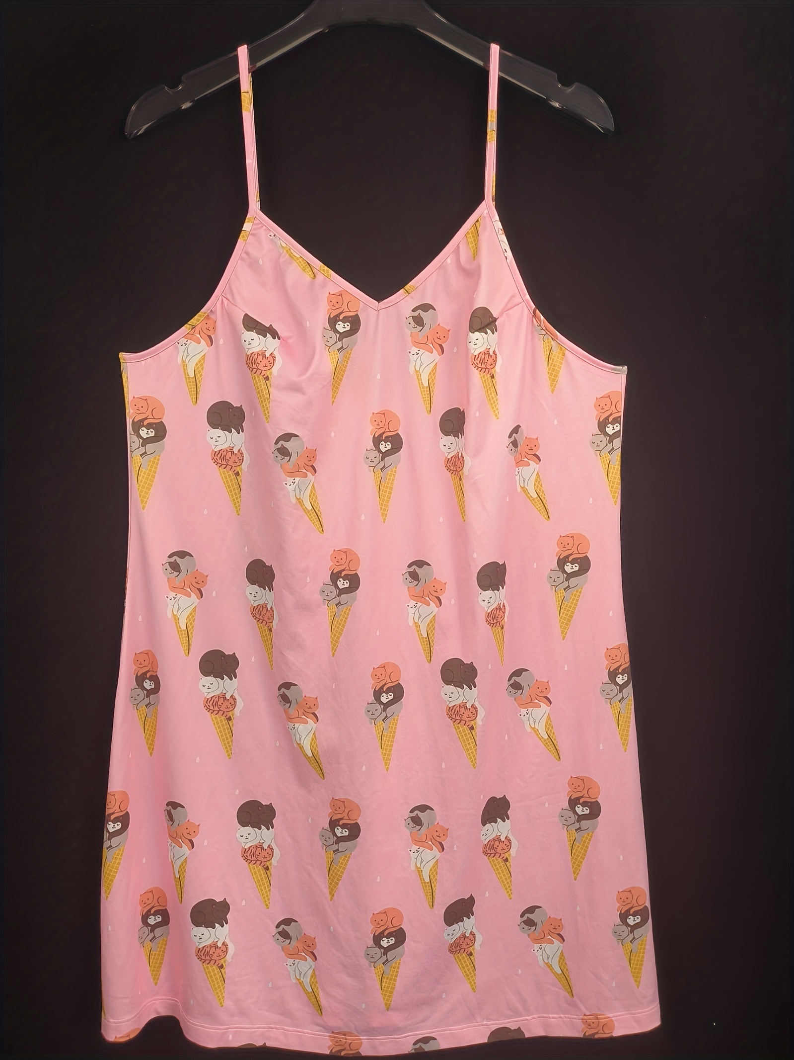 Lounge Dress Women's Plus Cat Ice Cream Print V Neck Nightdress