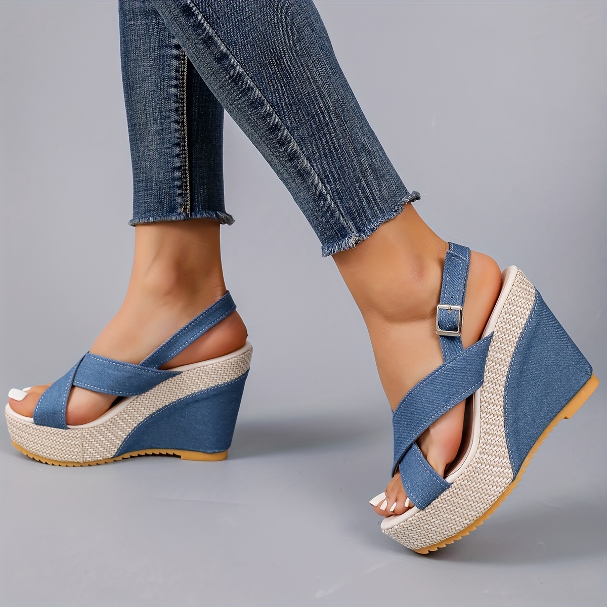 women s denim wedge sandals crisscross peep toe buckle strap details 4