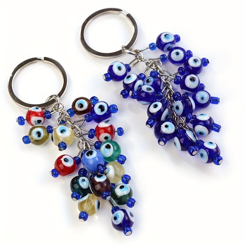 Handmade Blue Beaded Bag Charm Key Chain With Flower Charm