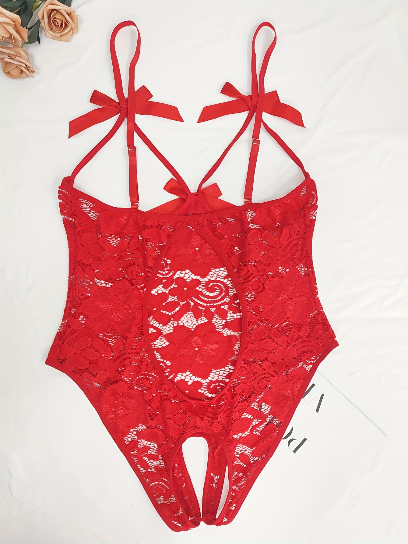 Women's One-piece Cupless Crotchless Lingerie Bodysuit Lace Underwear Set  M-xxl Size Red
