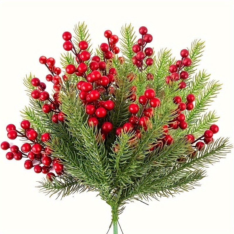 Artificial Green And Red Berry Stems For Tree Decorations, Crafts
