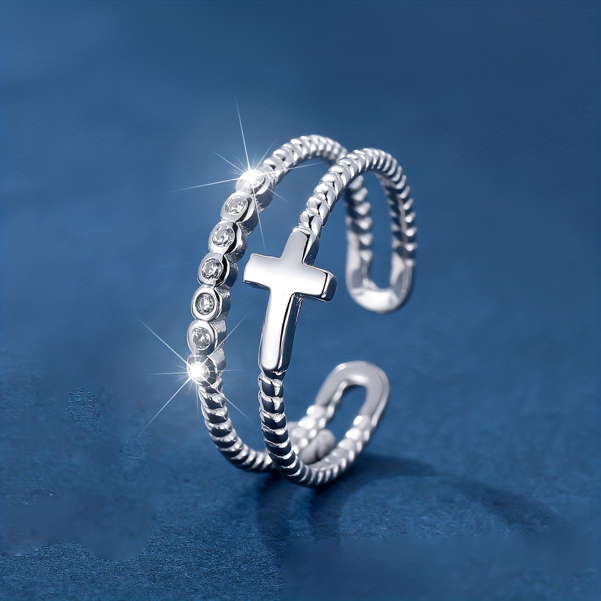 S925 Sterling Silver Cross Double Layered Open Ring
