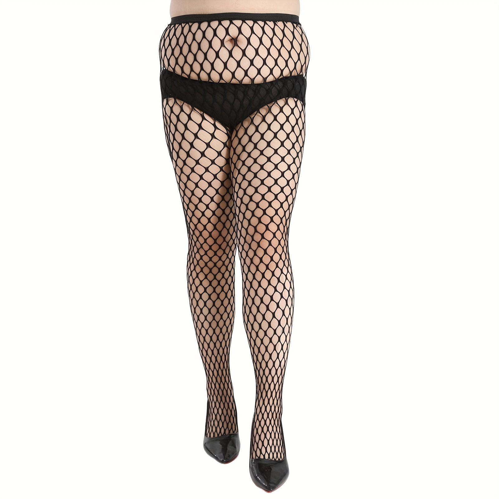 Plus Size Casual Pantyhose, Women's Plus Solid Round Hole High Waist  Fishnet Tights