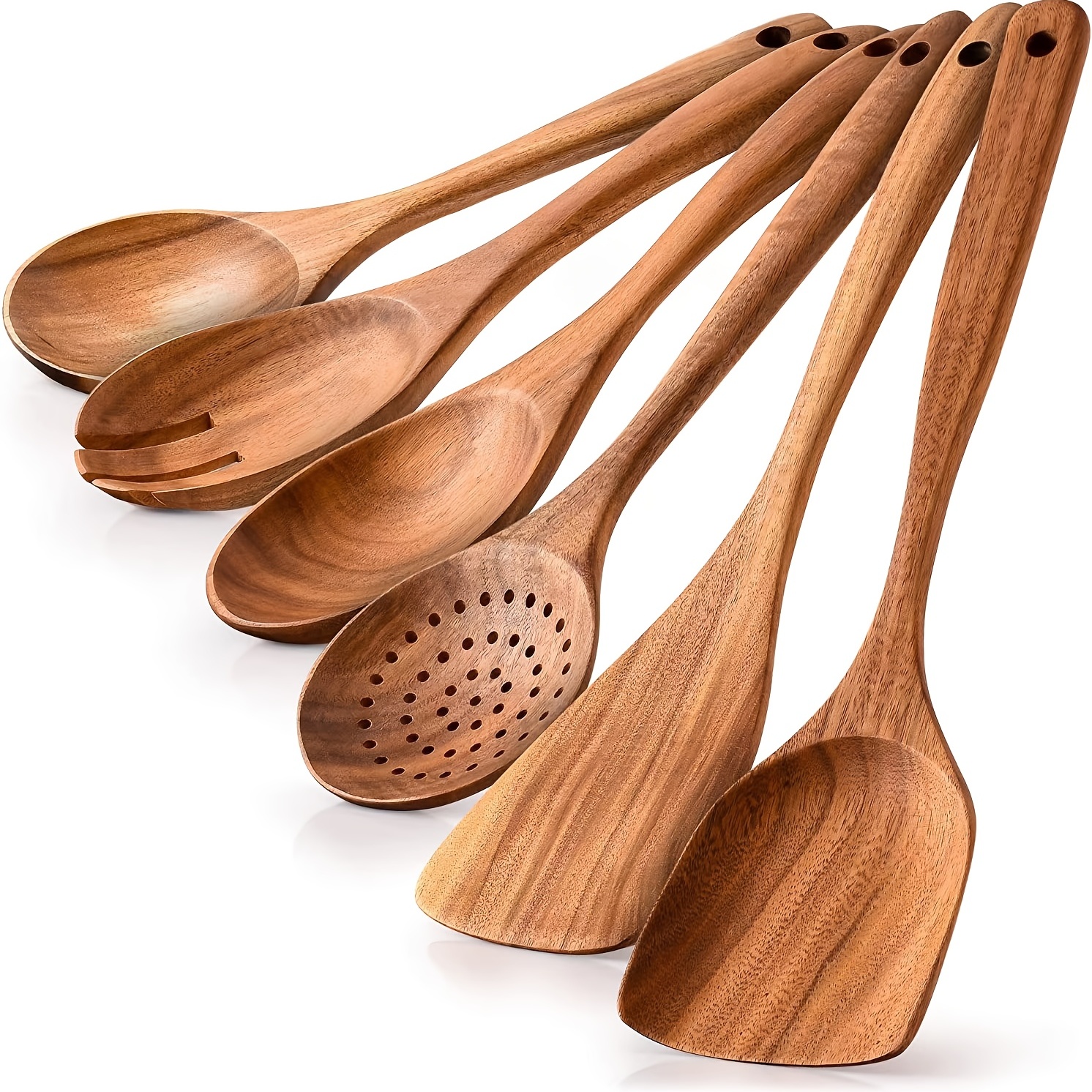 Juego de 10 cucharas de madera para cocinar, cucharas y espátula con mango  de acero inoxidable, juego de utensilios de madera de teca con soporte y