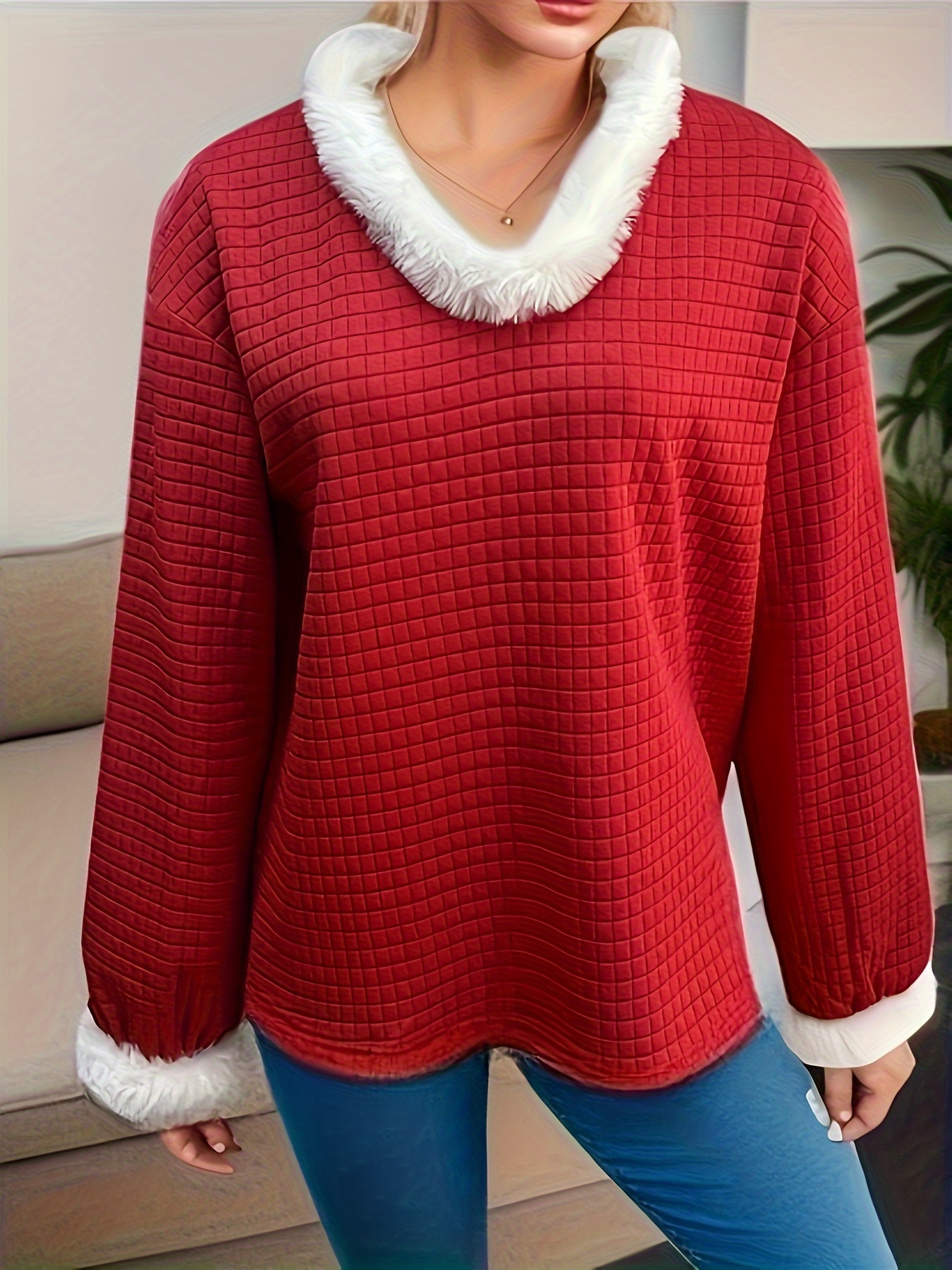 Christmas Faux Fur Trim Pullover Sweatshirt Casual Long - Temu
