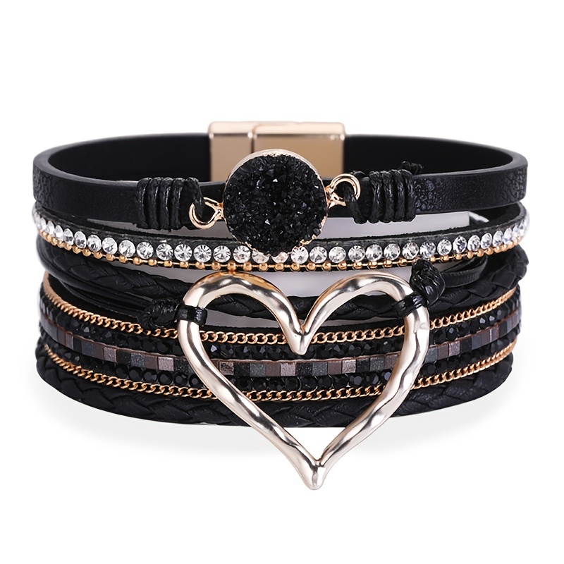 

Multilayer Wrap Leather Bracelets Women Bohemian Bracelet Heart Magnetic Clasp Cuff Bangle