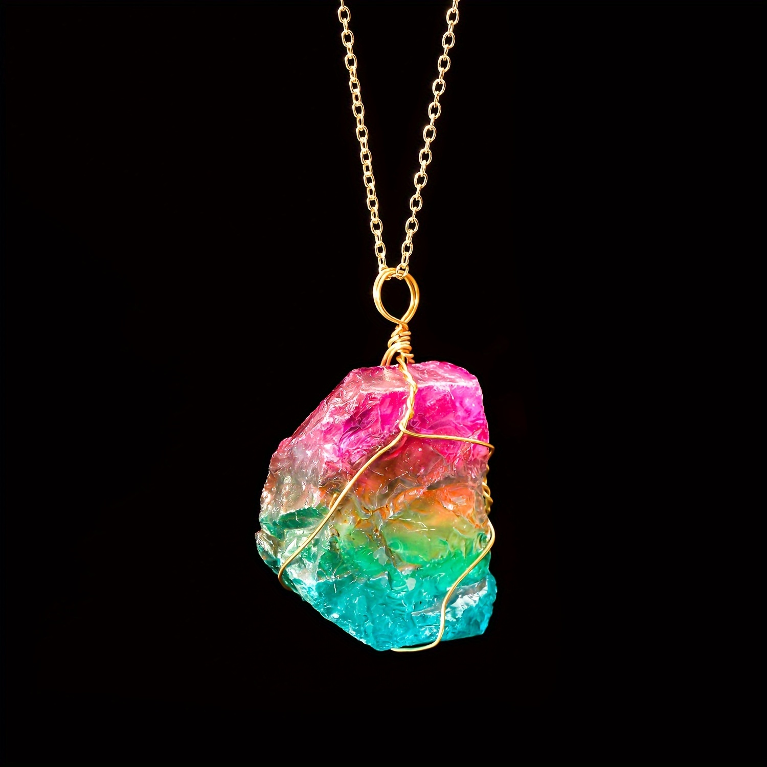 Rainbow Stone Natural Crystal Rock Necklace Gold Plated Quartz Pendant