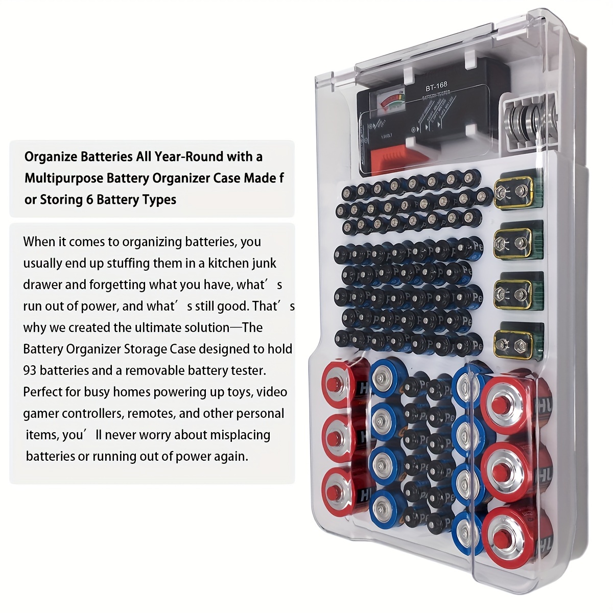 The Battery Organizer Storage Case with Hinged Clear Cover, Includes a  Removable Battery Tester, Holds 93 Batteries Various Sizes (Gray) 