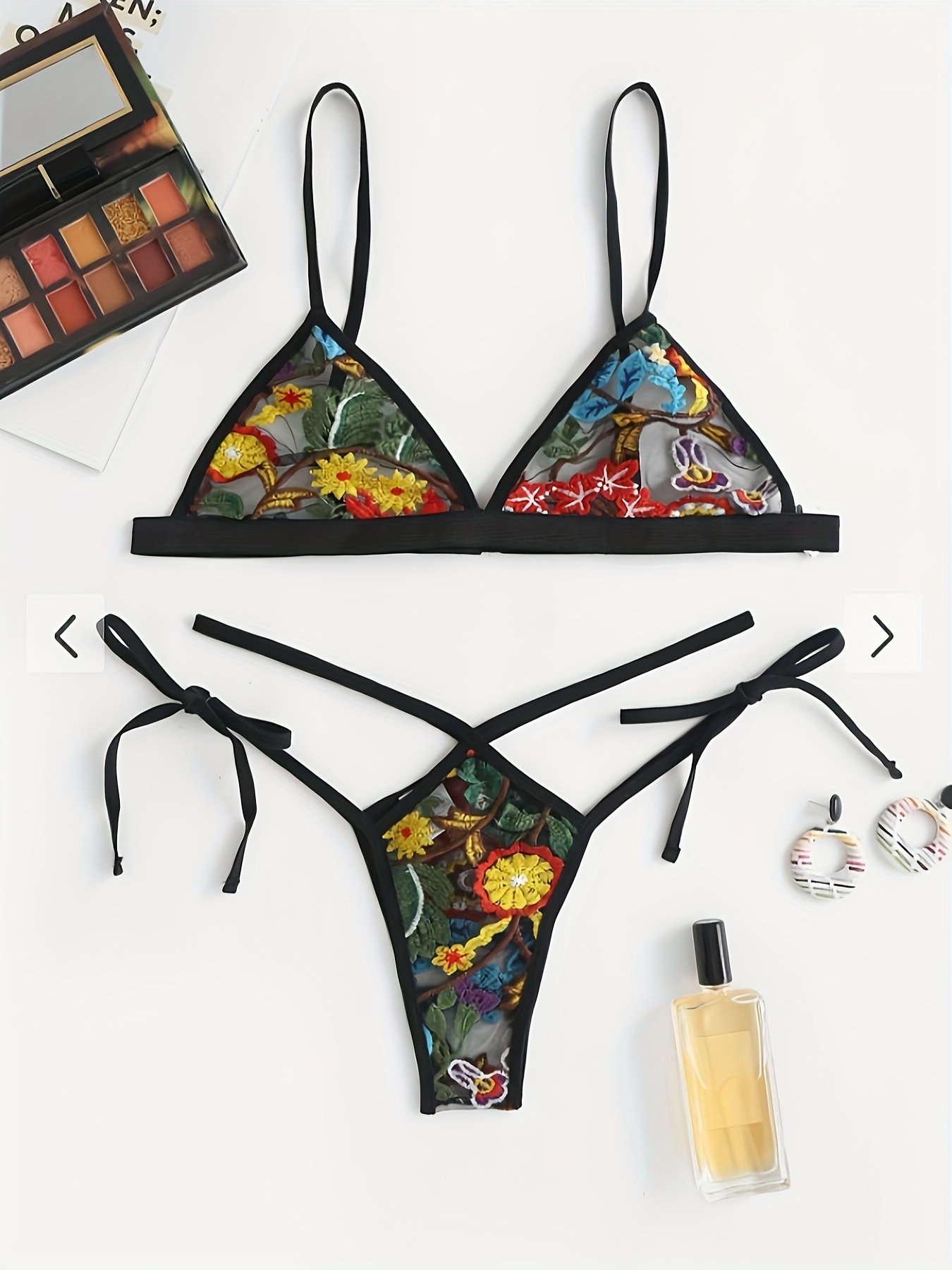 Floral Embroidery Lingerie Set Cut Unlined Bra Mesh Thong - Temu Germany