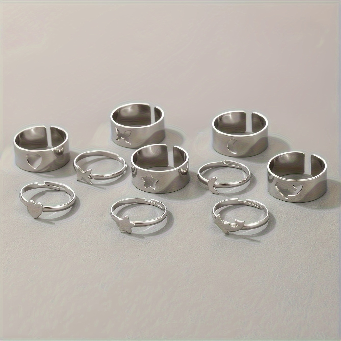 10pcs Creative Punk Ring Set Butterfly Love Moon Star Dolphin Alloy Ring