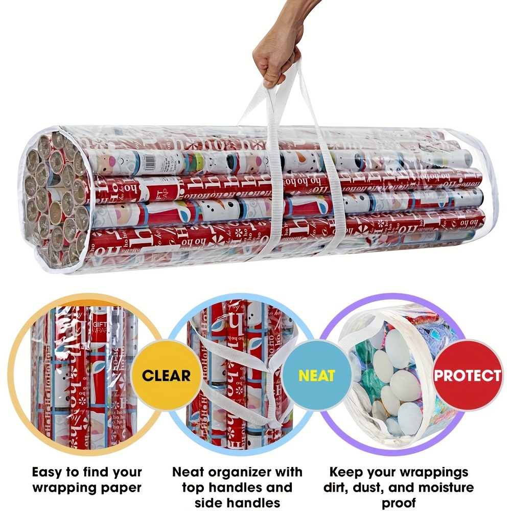 1pc wrapping paper storage bag capable of storing up to 24 rolls of 40 inch heavy duty pvc transparent bags with handles zipper top packaging and ribbon black white red christmas gift wrapping paper storage bag festival home organization