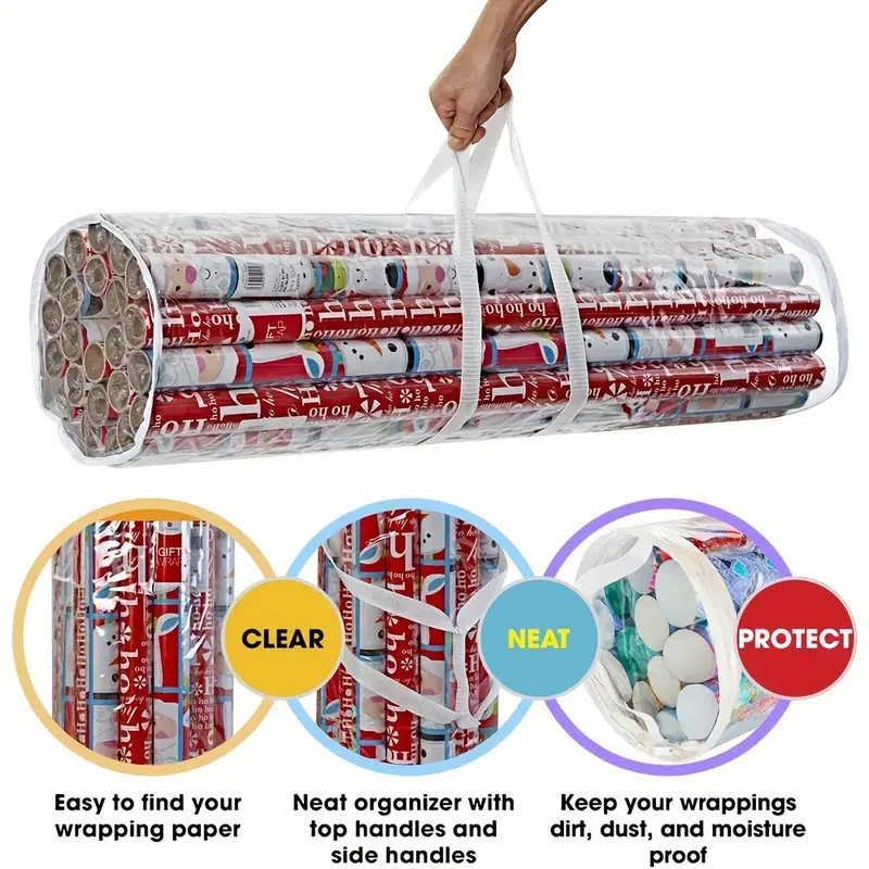 1pc Wrapping Paper Storage Bag, Capable Of Storing Up To 24 Rolls Of 40  Inch Heavy-duty PVC Transparent Bags, With Handles, Zipper Top Packaging,  And